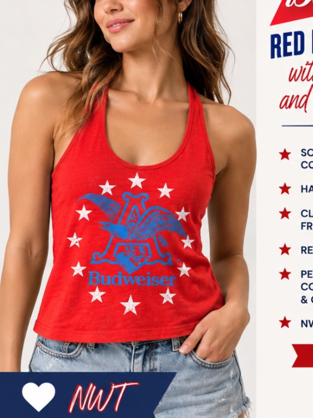 Budweiser Red Halter Tank with Blue Logo and White Stars